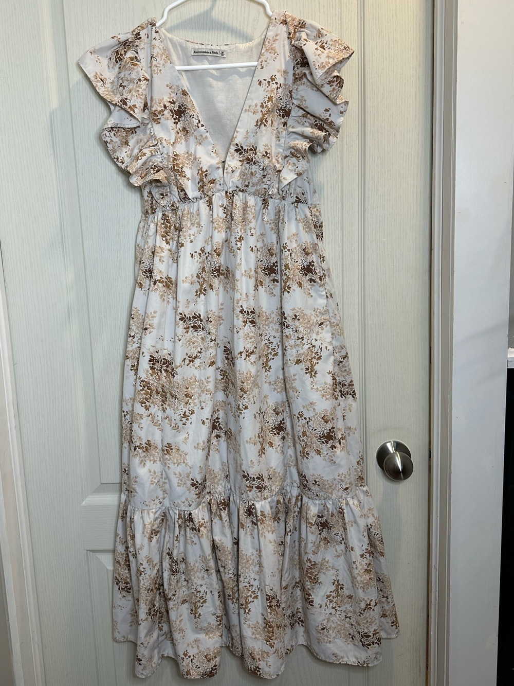 Abercrombie & Fitch Ecru Dress with Brown Floral Print ruffle sleeve tier skirt